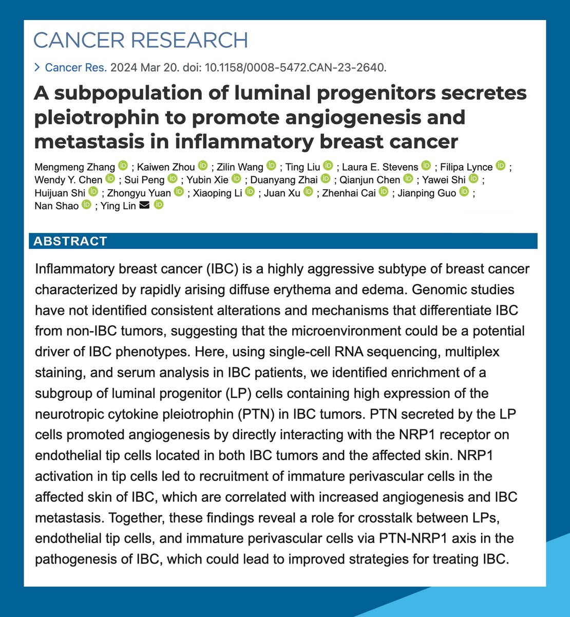 This recent study examined a subpopulation of luminal progenitors secretes pleiotrophin to promote angiogenesis and metastasis in #InflammatoryBreastCancer, read it here👇 @FilipaLynce #IBC pubmed.ncbi.nlm.nih.gov/38507720/