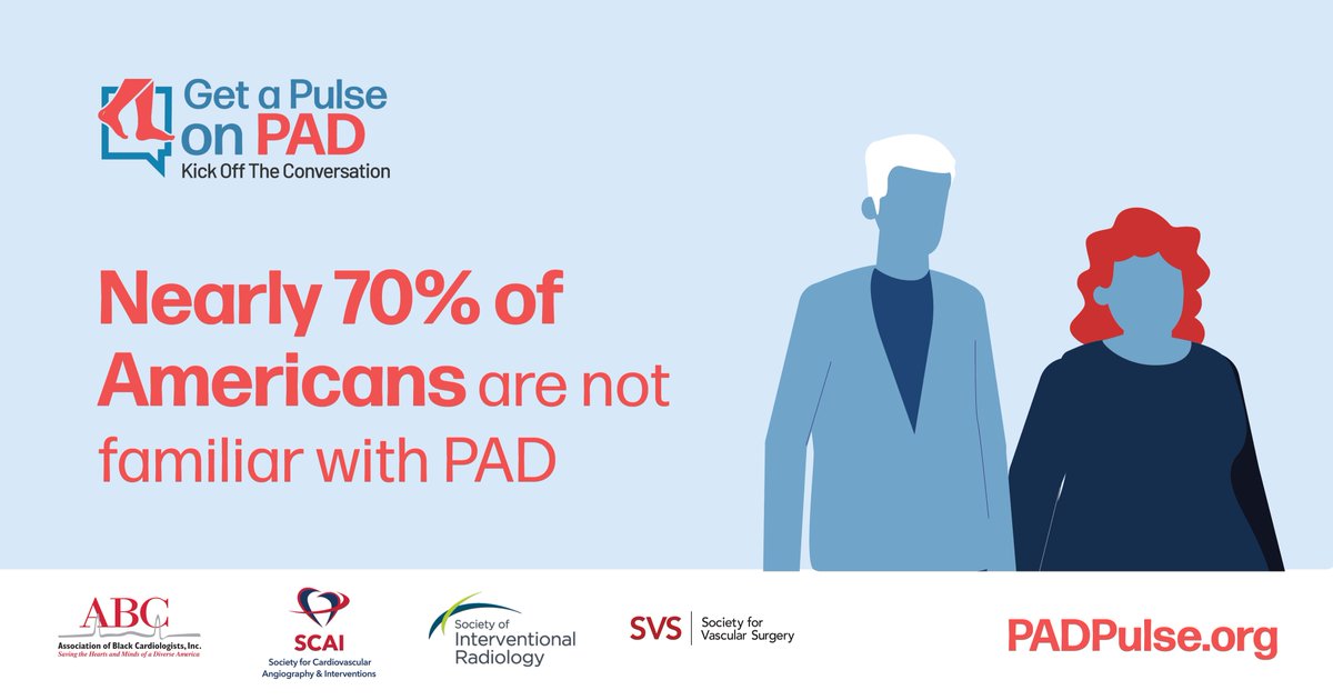 We encourage patients to Get a Pulse on PAD by learning the symptoms and risk factors. For more, visit PADPULSE.org. #PulseonPAD #PADAwareness