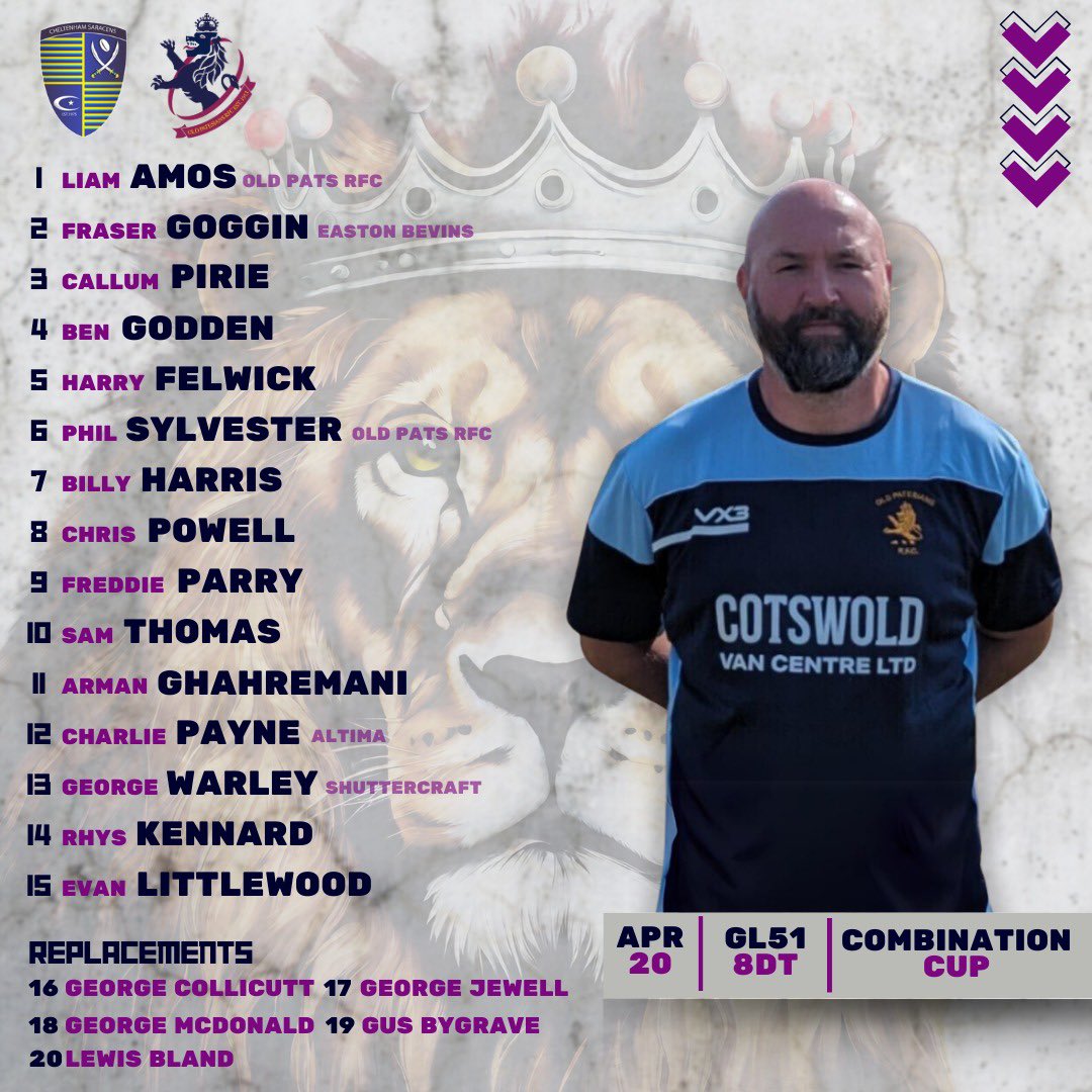 Old Patesians RFC (@oldpatesiansrfc) on Twitter photo Teams Up ๐
With no 1XV fixture this weekend all eyes are on
our 2XV as they start their defence of the Combination Cup away to <a href="/cheltsarriesrfc/">Cheltenham Saracens RFC</a> ๐
๐ Cheltenham & District Combination Cup
๐Cheltenhamham Saracens RFC - GL51 8DT
โฐ 15:00 - Kick Off
๐ 20/04/24
#allezlespats Teams Up ๐
With no 1XV fixture this weekend all eyes are on
our 2XV as they start their defence of the Combination Cup away to <a href="/cheltsarriesrfc/">Cheltenham Saracens RFC</a> ๐
๐ Cheltenham & District Combination Cup
๐Cheltenhamham Saracens RFC - GL51 8DT
โฐ 15:00 - Kick Off
๐ 20/04/24
#allezlespats