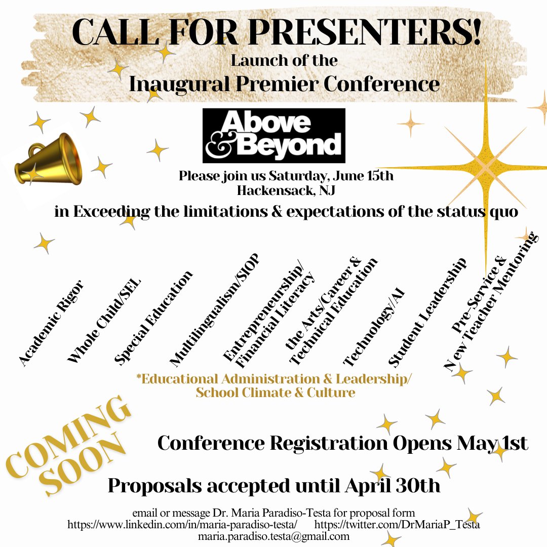 Calling Educational Professionals to submit a proposal to be a Guest Speaker for the Inaugural Premier Conference 'ABOVE & BEYOND: Exceeding the limitations & expectations of the status quo'. If you have a passion & a message to share please Save the Date & submit your proposal!