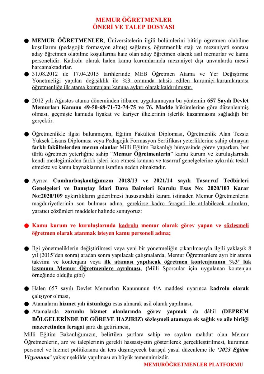 Sn vekilim, @m_tahtasiz #MemurÖğretmenler platformu olarak Sn @eczozgurozel genel başkandan 12 yıllık 656 DMK'yi bir MEB yönetmeliği uygulamıyor. Biz öğretmenlik mezunu memurlar kendi mesleğimizi yapmak istiyoruz. @fethigurer @yildirimkaya40 @melih_meric @herkesicinCHP arz ederiz