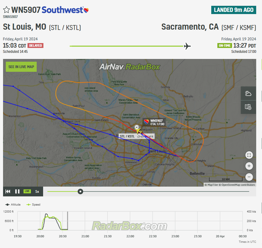 #EMERGENCY | In the last 30 minutes, a Southwest Airlines flight to Sacramento declared an emergency due to an engine failure, prompting a return to St. Louis.

Read more at AviationSource!

aviationsourcenews.com/emergency/sout…

@RadarBoxCom

#SouthwestAirlines #WN5907 #StLouis #Sacramento
