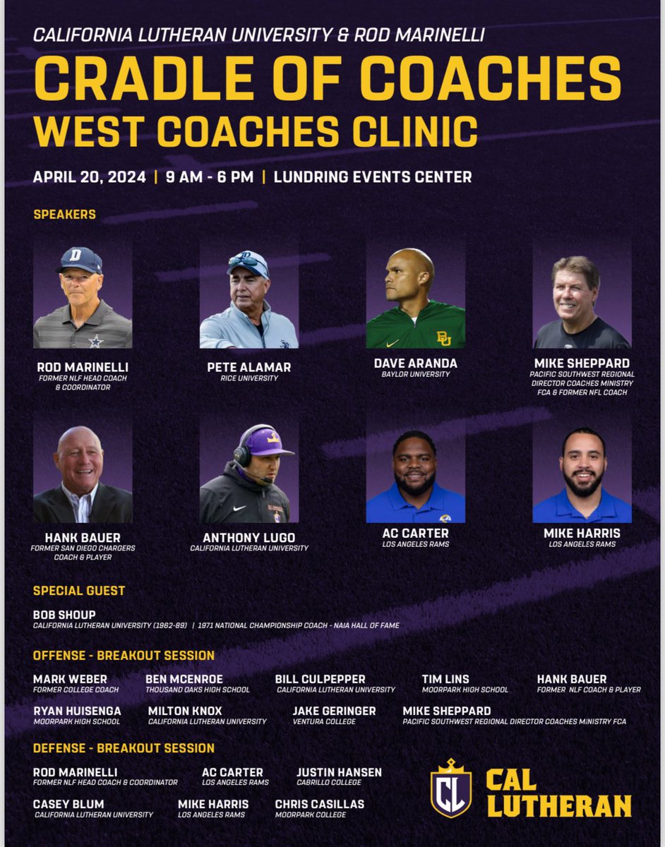 Make sure to sign up for the Cal Lutheran University & Rod Marinelli Cradle of Coaches West Clinic! clusports.com/sports/2024/2/…