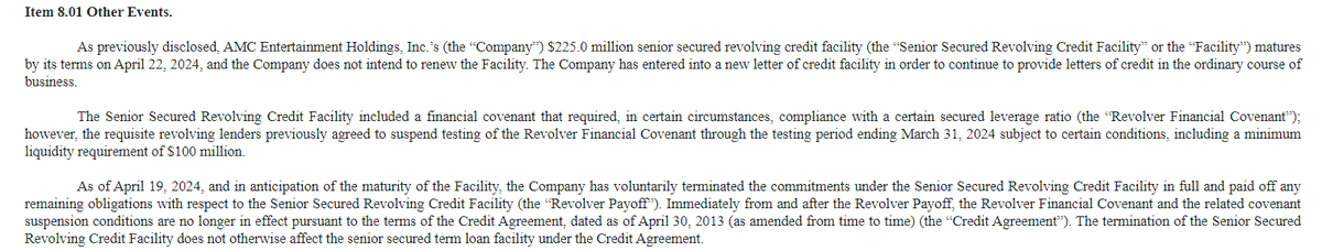 DominikSteuben's tweet photo. #AMC $AMC
As previously announced in the 10-K, #AMC has now voluntary terminated its revolving credit facility (which has not been utilized for some time). 

https://t.co/oFaWbzKYxt https://t.co/UWL76gcaDh