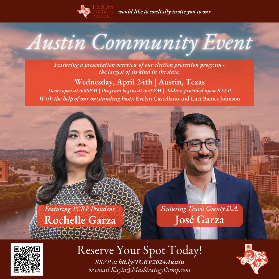 Have you seen the exciting news?! Travis County D.A. @JosePGarza will be joining @RochelleMGarza and our team for our Austin Community event next Wednesday! If you haven’t had a chance to secure your spot – now is the time! 🎟️ secure.everyaction.com/zZKb3u8JY0ezZw…