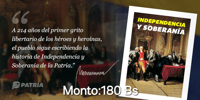 #GloriaAlBravoPueblo
Inicia la entrega del Bono Independencia y Soberanía enviado por nuestro Presidente <a href="/NicolasMaduro/">Nicolás Maduro</a> a través de la Plataforma Patria. La entrega tendrá lugar entre los días 19 al 29 de abril de 2024.