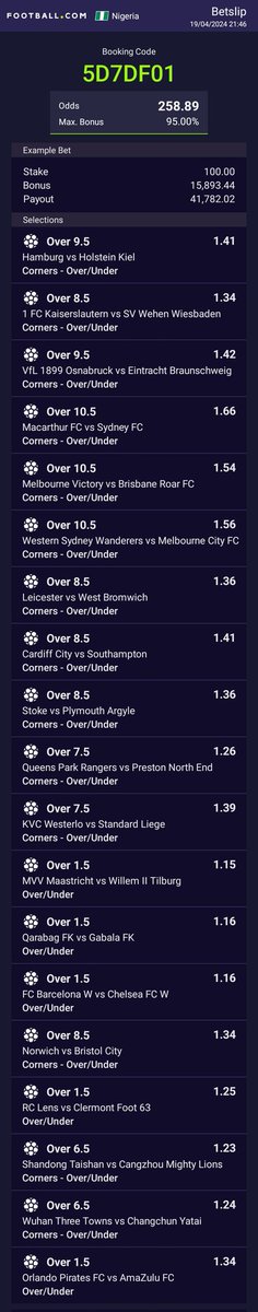 Hi @Ekitipikin
, @london @_kennyblaze1391
@5btc_
@_cantonaE
@10_punter
@Hadasah5651
⚡⚡⚡🏆🏆
Edit this corner pick of 300odds like smile tomorrow 

football.com/ng/?shareCode=…