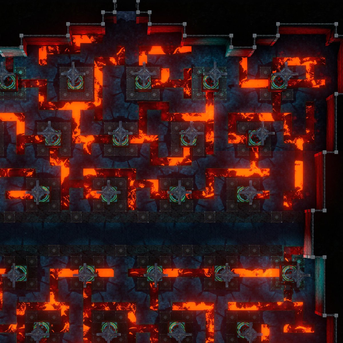 Arch_Novarias's tweet image. Day 616 - Two map versions, each with a orthographic and limited perspective variant. The dwarves build a giant hall with lava canals. If their defenses are triggered the metal bars over the canals lower. Trying to jump over causes fire to spout up. Grid:42x42 #dungeonalchemist