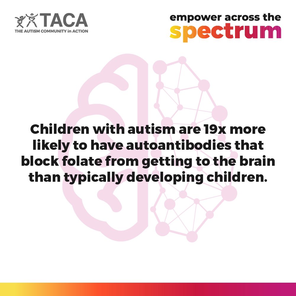Children with #autism are 19 times more likely to have autoantibodies that block folate from reaching the brain. ￼ Treatment for low folate in the brain includes Leucovorin, prescribed by your doctor. Learn more: tacanow.org/family-resourc… mdpi.com/2075-4426/11/1…