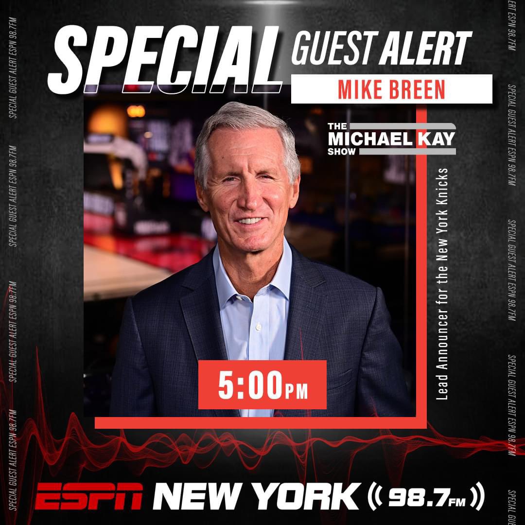 SPECIAL GUEST ALERT! TODAY at 5:00PM on @TMKSESPN: Mike Breen joins the program to discuss everything New York Knicks! LISTEN HERE: bit.ly/ListenESPNNY, on 98.7FM or on the ESPN NY App! DOWNLOAD THE APP HERE: goodkarma.qrd.by/espnny-app