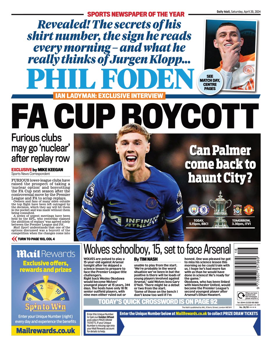 Mail Sport: Wolves schoolboy, 15, set to face Arsenal #TomorrowsPapersToday