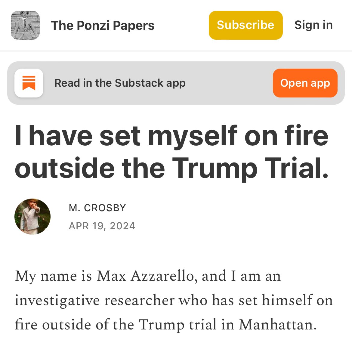 Here is the supposed manifesto of the guy who self immolated himself today outside the trump trial. theponzipapers.substack.com/p/i-have-set-m…