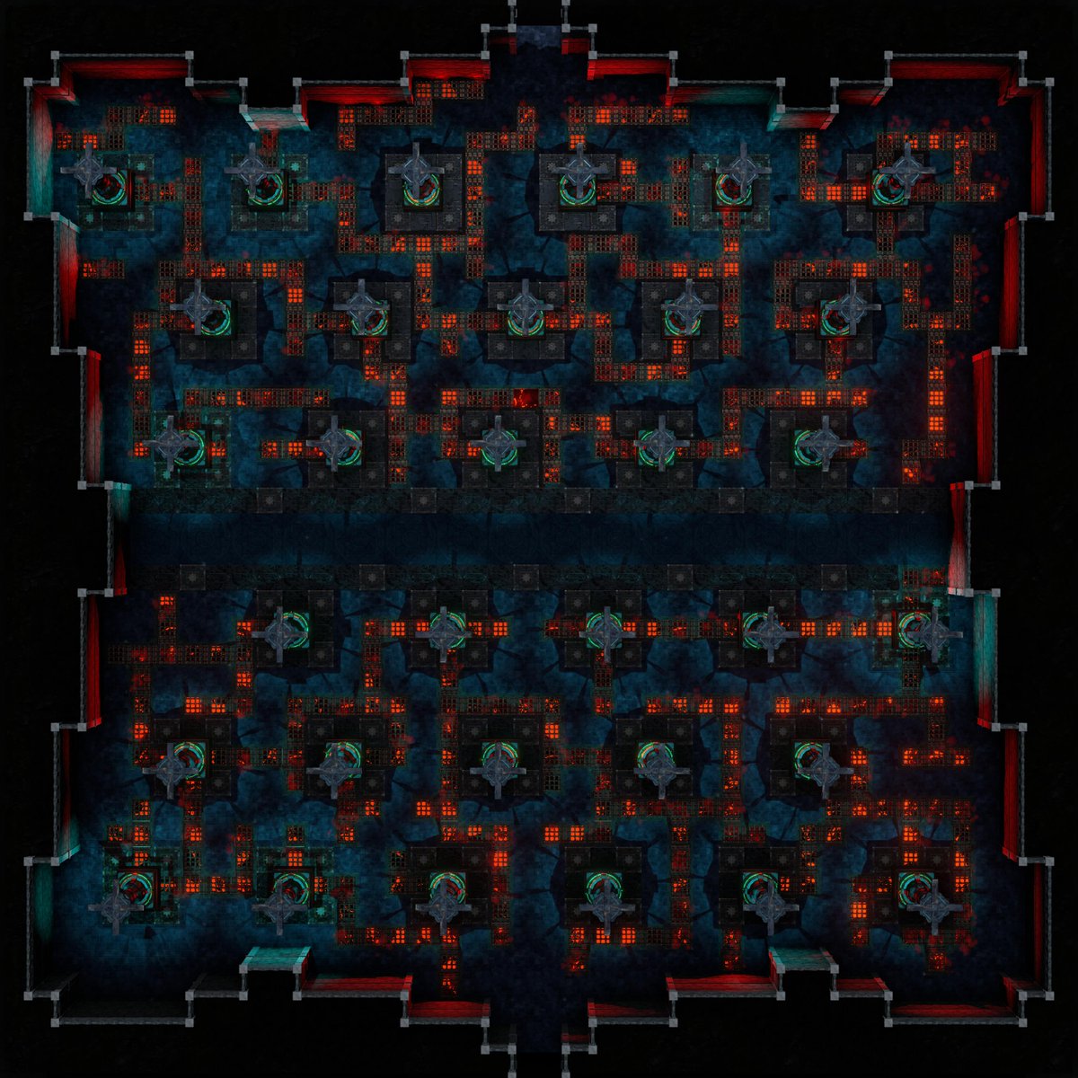 Arch_Novarias's tweet image. Day 616 - Two map versions, each with a orthographic and limited perspective variant. The dwarves build a giant hall with lava canals. If their defenses are triggered the metal bars over the canals lower. Trying to jump over causes fire to spout up. Grid:42x42 #dungeonalchemist