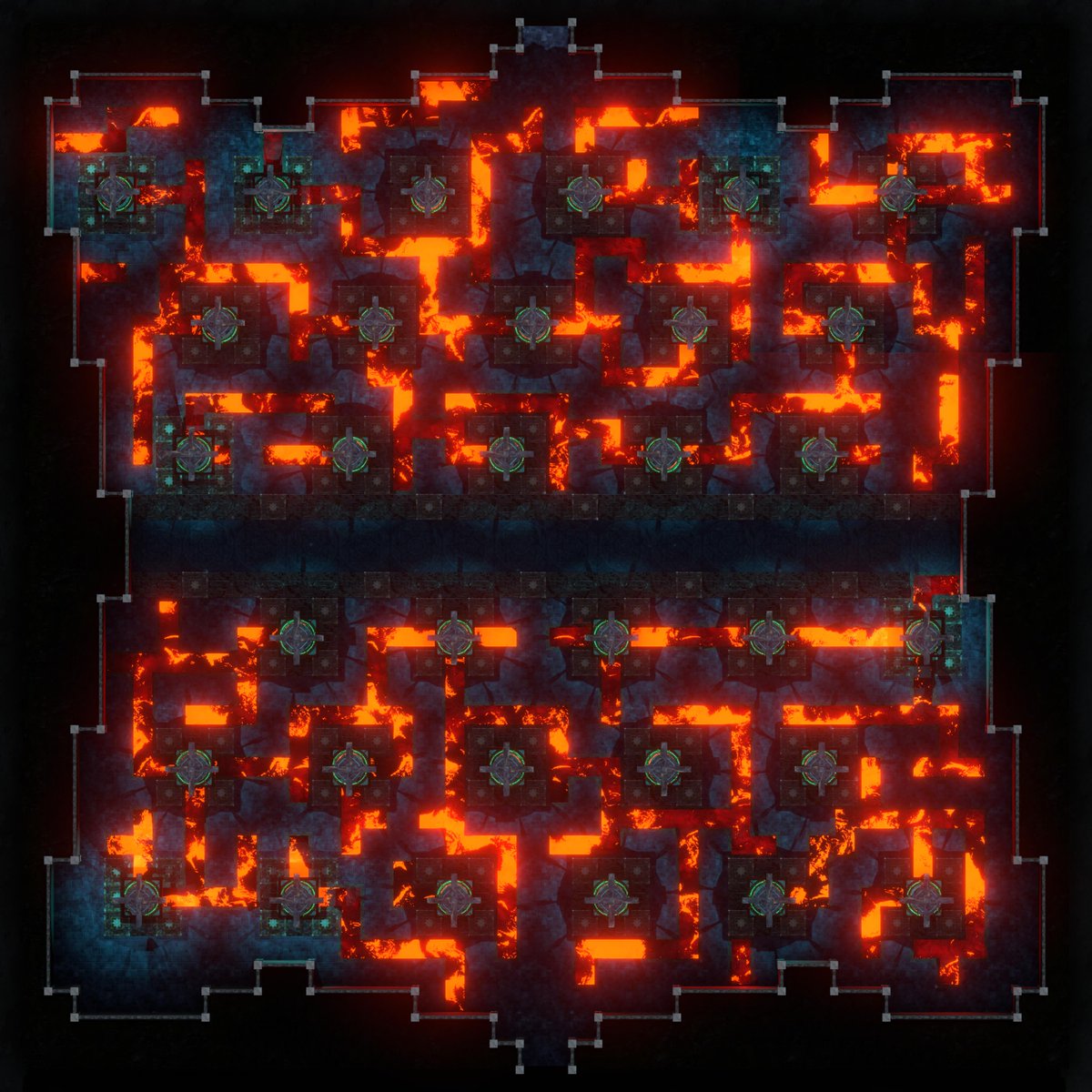 Arch_Novarias's tweet image. Day 616 - Two map versions, each with a orthographic and limited perspective variant. The dwarves build a giant hall with lava canals. If their defenses are triggered the metal bars over the canals lower. Trying to jump over causes fire to spout up. Grid:42x42 #dungeonalchemist