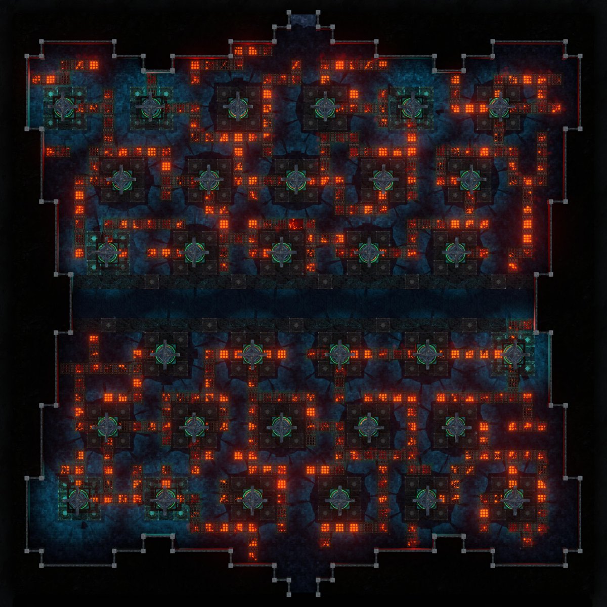 Day 616 - Two map versions, each with a orthographic and limited perspective variant. The dwarves build a giant hall with lava canals. If their defenses are triggered the metal bars over the canals lower. Trying to jump over causes fire to spout up. Grid:42x42 #dungeonalchemist