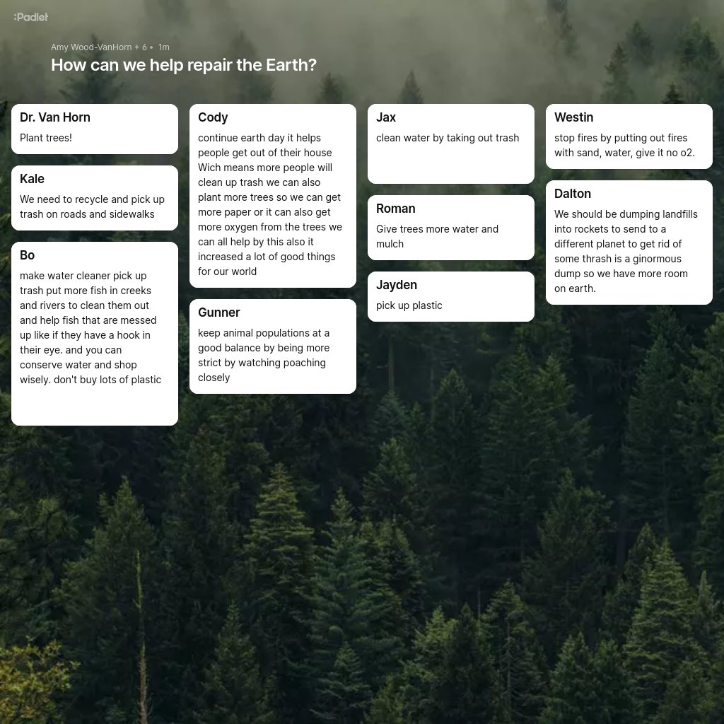 WoodAmyC's tweet photo. With Earth Day coming up, our Conservation Action Team brainstormed ideas to help repair the earth! Let’s do our part!  🌎🌱💚 https://t.co/rymdxXOyhT
