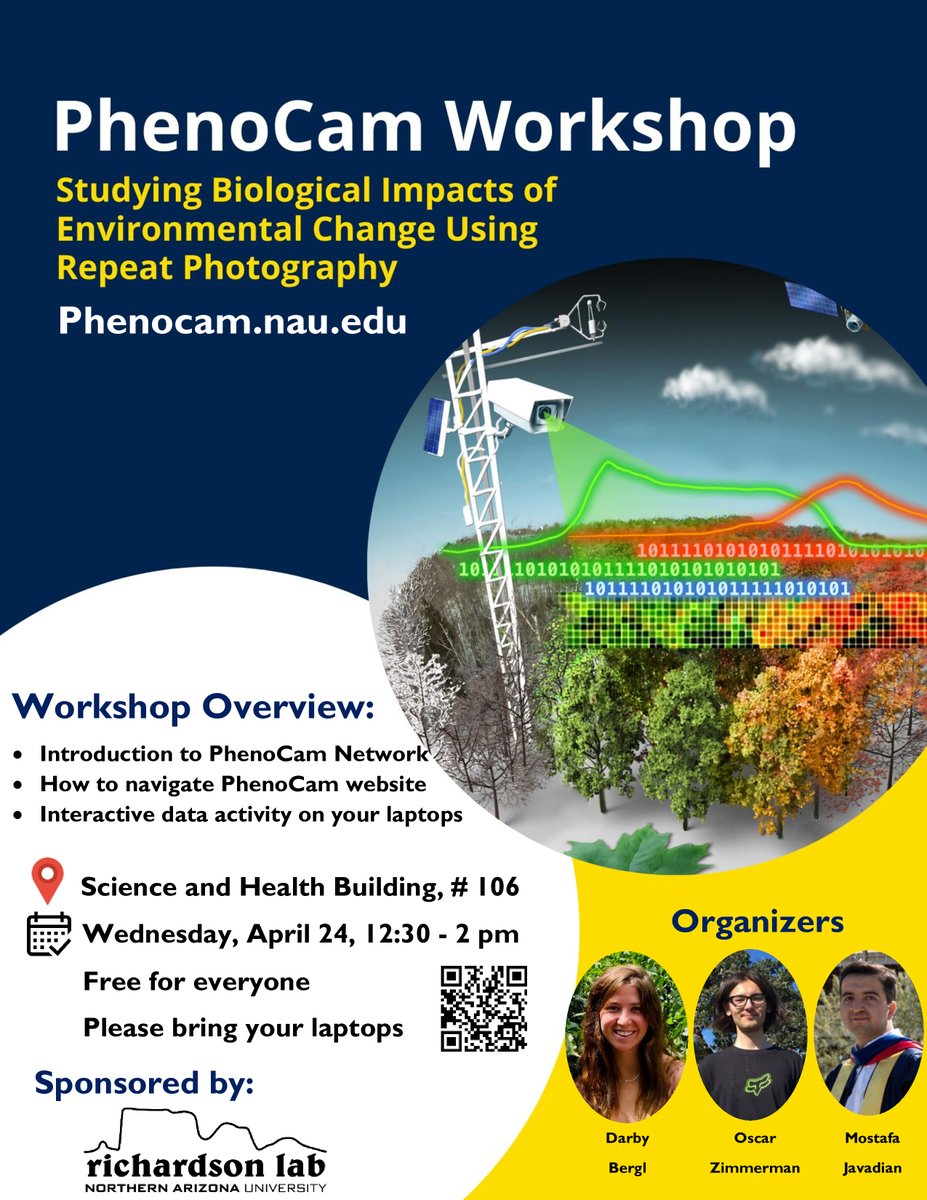 🌿 Curious about the wonders of the PhenoCam network? 📸 Join us for an immersive in-person workshop at NAU in Flagstaff on Wednesday, April 24th! 🎉 Explore how these cameras transform our understanding of seasonal changes in vegetation! #PhenoCam #NAU #Flagstaff #phenology