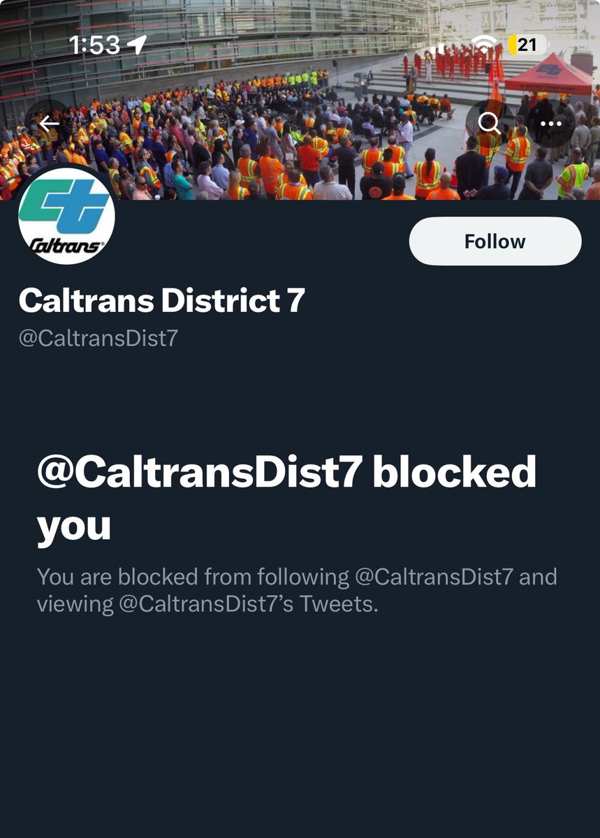 I WAS BLOCKED BY @CaltransDist7 FOR A THIRD TIME CALTRANS CANT TAKE ANY CRITICISM CT WANTS TO BE ABLE TO BUILD DANGEROUS STREETS WITHOUT CONSEQUENCES @CaltransHQ @CaltransDist3 @Tony_CTDirector @CaltransOC @Caltrans9 @CaltransD2 @CaltransD5 @CaltransDist10 @CaltransDist6