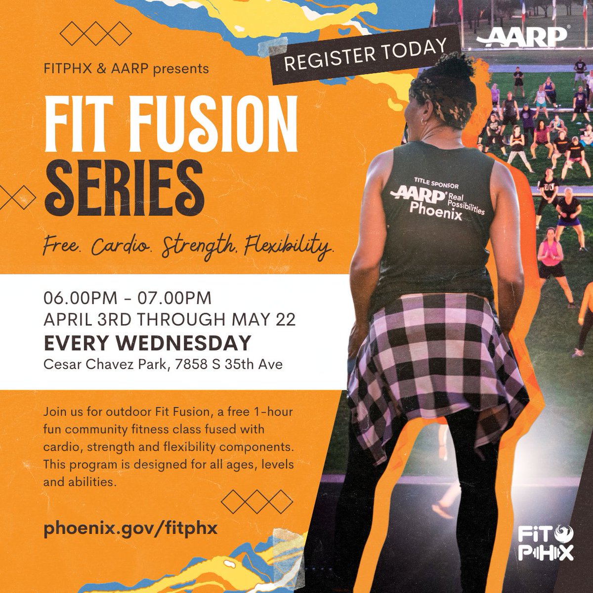 🏋🏽 A full hour of cardio, strength, and flexibility training, EVERY WEDNESDAY at CESAR CHAVEZ PARK. Our FREE Fit Fusion fitness classes welcome all levels & ages! This is a WEEKLY recurring evening class. 💪 Register online: phoenix.gov/fitphx