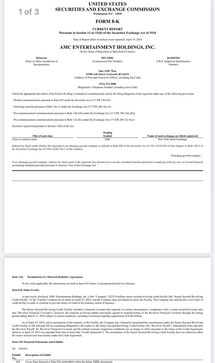 $AMC Entertainment decided not to renew its $225 million credit line, paid off any remaining debt under it, and no longer has to follow certain rules related to that credit line. 🚨No More Covenant Restrictions! The removal of the financial covenant means that $AMC is no