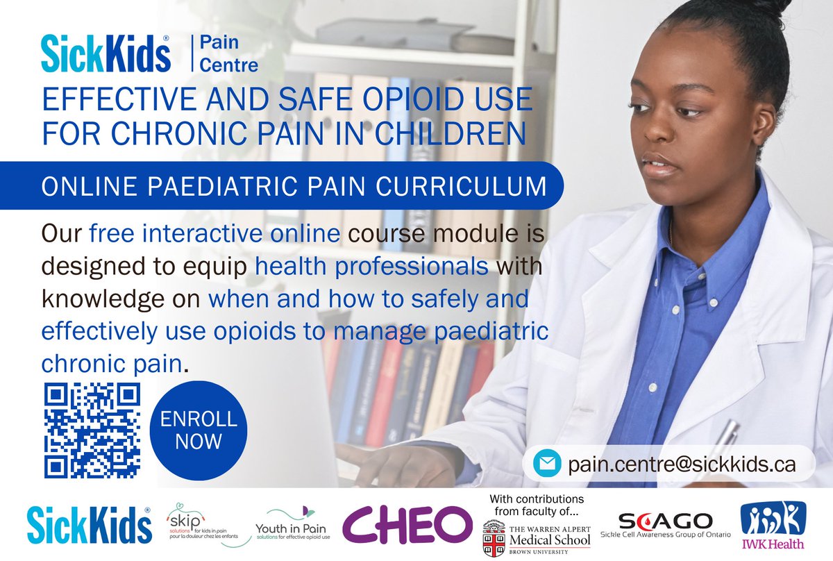 Our latest Online #PedsPain Curriculum course module is designed to guide #HealthProfessionals in the effective and safe use of opioids for pediatric chronic pain management. Enroll now at bit.ly/4b43IAu Thank you @kidsinpain & @GovCanHealth! #ItDoesntHaveToHurt