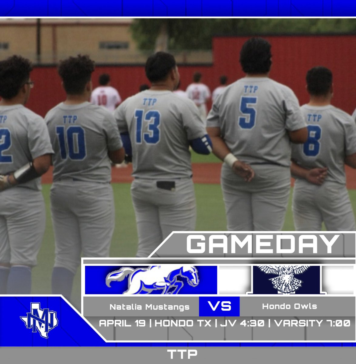 ⚾️MUSTANGS GAMEDAY⚾️
For The Name Across The Chest
📅 April 19, 2024
📍 Hondo 
⏰ JV @ 4:30 - Varsity @ 7:00     
🎟️ shorturl.at/vxOY9
#TTP #ChampionshipCulture @NataliaSports