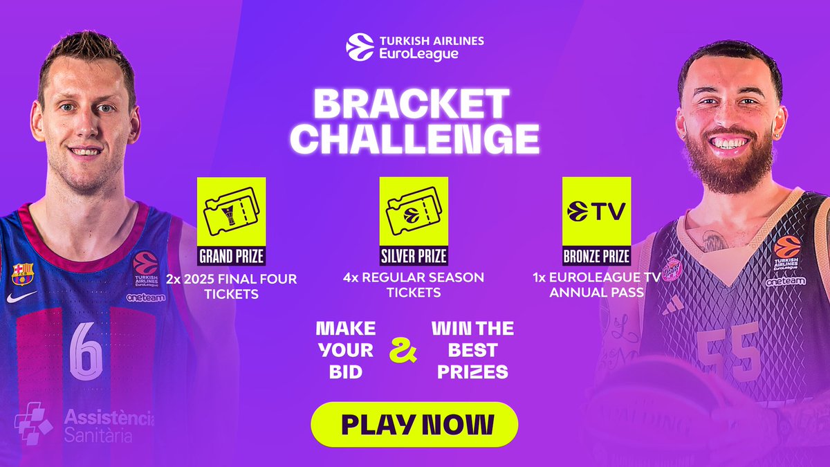 IT'S LIVE NOW🚨 Time to show your skills with the EuroLeague Bracket Challenge! Make your bids and get the chance to win big prizes!🎁 ➡️ bracket.euroleague.net/en/v2/home ⚠️You have time to submit your bracket until Tuesday 23rd April at 18:59PM CEST!
