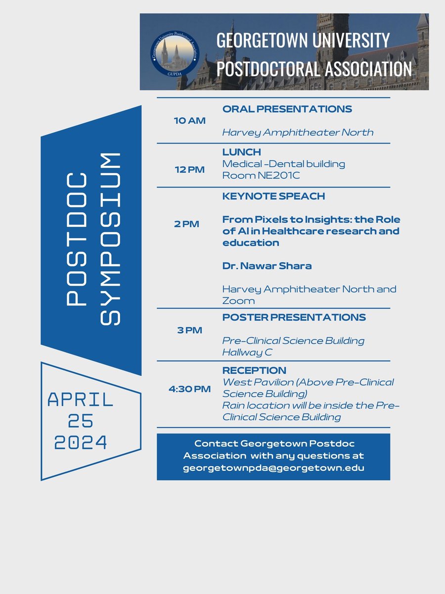 Georgetown Postdocs (@georgetownpda) on Twitter photo We are less than a week away from POSTDOC SYMPOSIUM at Georgetown University 🎉🎉 Follow this space for more details about each of the events. See you all next Thursday, April 25. <a href="/Georgetown/">Georgetown University</a> <a href="/GeorgetownBGE/">Georgetown Biomedical Graduate Education</a> <a href="/LombardiCancer/">Georgetown Lombardi</a> <a href="/DrCMckinney/">Dr. Caleb McKinney 🏳️🌈</a> <a href="/esalm_neuro/">Liz Salm, PhD</a> We are less than a week away from POSTDOC SYMPOSIUM at Georgetown University 🎉🎉 Follow this space for more details about each of the events. See you all next Thursday, April 25. <a href="/Georgetown/">Georgetown University</a> <a href="/GeorgetownBGE/">Georgetown Biomedical Graduate Education</a> <a href="/LombardiCancer/">Georgetown Lombardi</a> <a href="/DrCMckinney/">Dr. Caleb McKinney 🏳️🌈</a> <a href="/esalm_neuro/">Liz Salm, PhD</a>