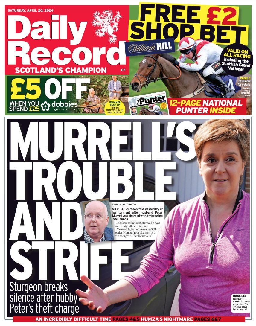 Daily_Record's tweet photo. Our front page for tomorrow leads on Nicola Sturgeon speaking out following the arrest and charge of her husband Peter Murrell #ScotPapers #TomorrowsPapersToday https://t.co/0aU3eXOqBx