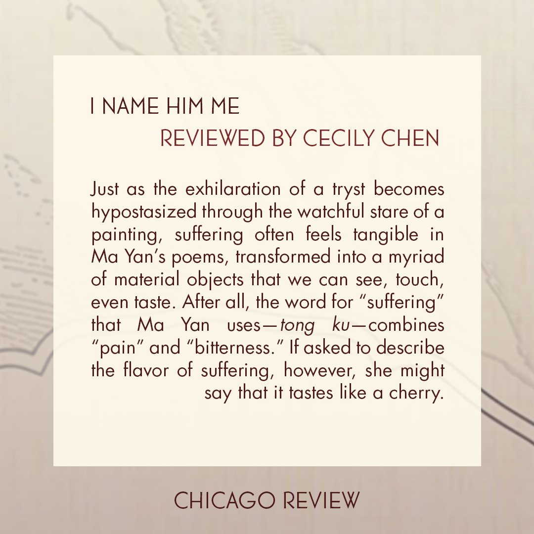 CR Poetry Editor Cecily Chen reviews Ma Yan's collection of poetry 'I Name Him Me' (translated by Stephen Nashef) in our newest web publication. Read it here: chicagoreview.org/i-name-him-me-…