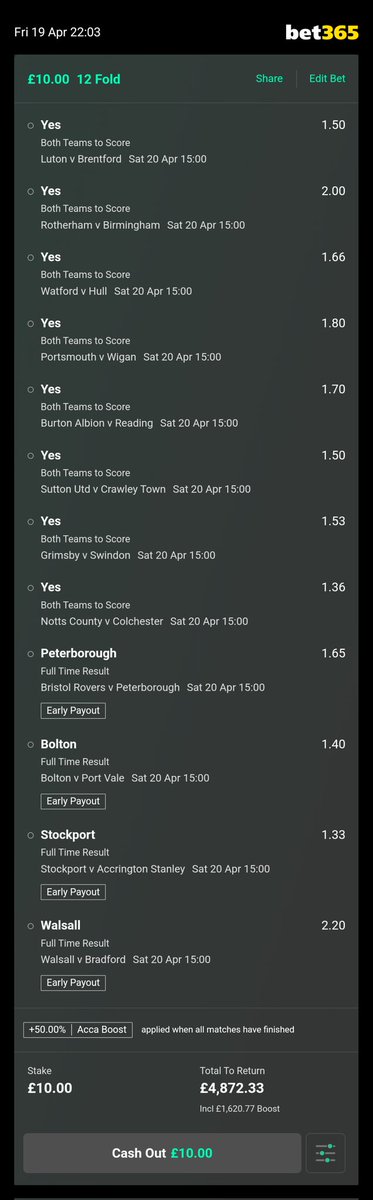 Saturday. 12 fold. £10 > £4.8k