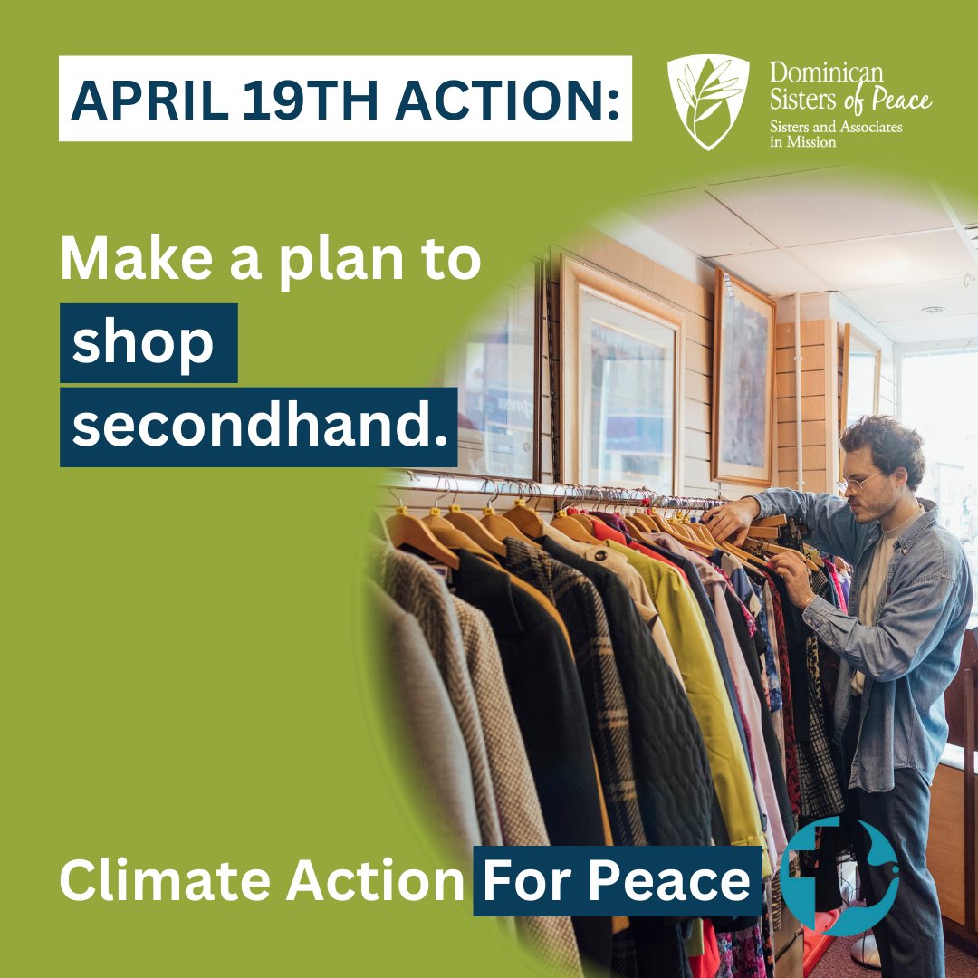 Shopping secondhand instead of buying something new is a great way to reduce your environmental impact. By thrift shopping you reduce the materials needed to make new items, and you’re keeping gently used items out of the landfill. #ClimateActionForPeace