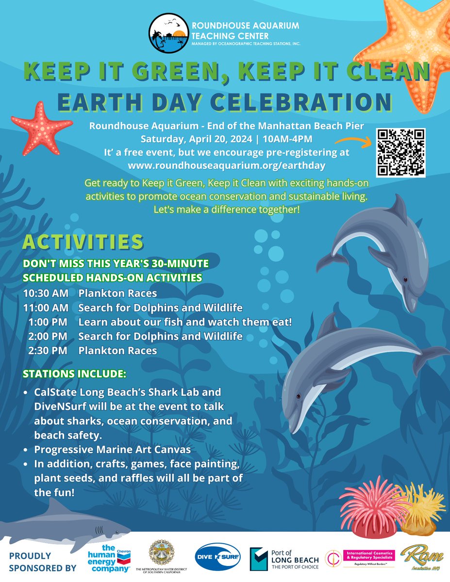 Swim by the Roundhouse tomorrow between 10am-4pm to celebrate Earth Day! There will be many fun activities, including booths from the CSULB Shark Shack, OTS Dolphin Project, and many more! Register here: roundhouseaquarium.org/earthday/ @science_near_me #earthday #savetheocean