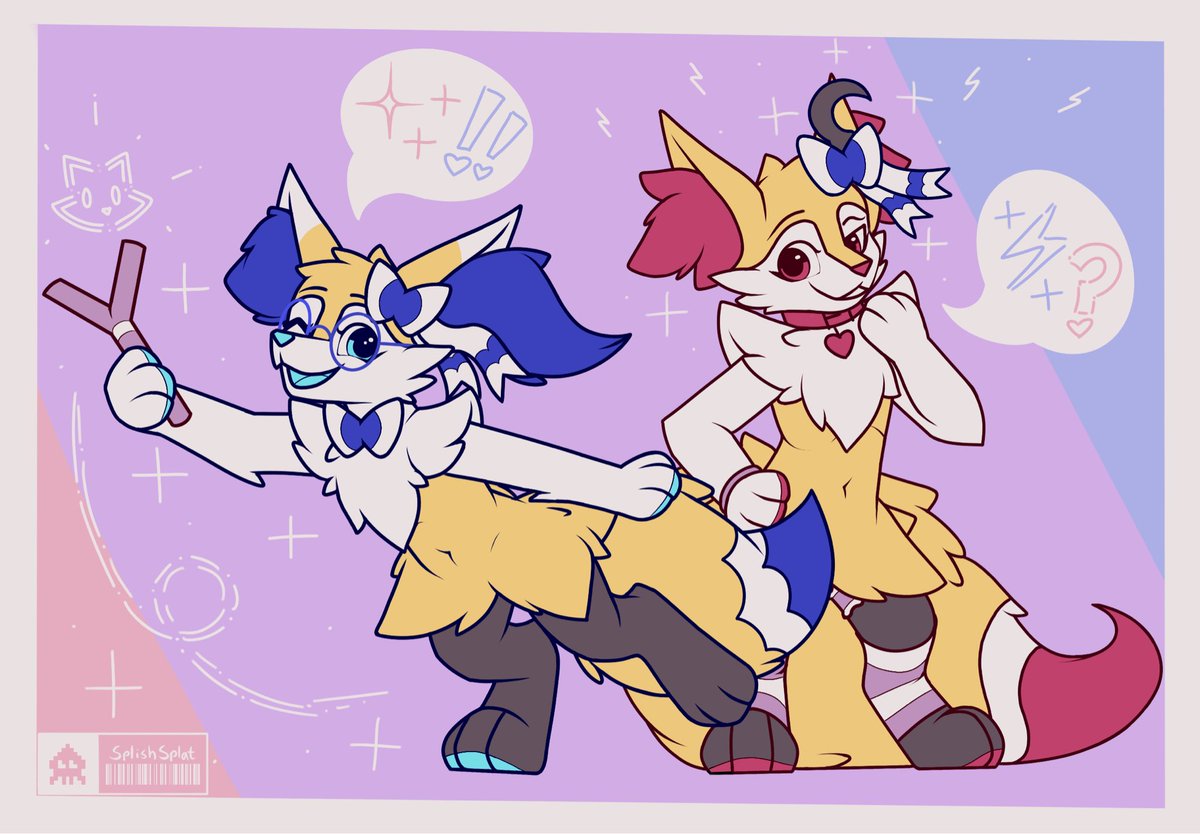 two toothpaste-tailed foxes trade wands! the results are glittery  :3

featuring birthday fox <a href="/MabelTheBraixen/">🎃💙MabelTheBraixen💙🎃</a> 🦊⚡️🎉
and almost birthday fox <a href="/Braixzen/">Arû ☥</a> 🦊✨

#pokemon