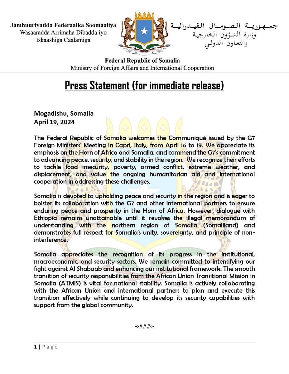 MOFASomalia's tweet photo. FRS welcomes the Communiqué issued by the G7 Foreign Ministers' Meeting in #Capri, #Italy, from April 16 to 19. We appreciate its emphasis on the Horn of Africa and #Somalia, and commend the G7's commitment to advancing peace, security, and stability.
🔗➡ https://t.co/KAt2T8BrhY https://t.co/8gcBgeFxHv
