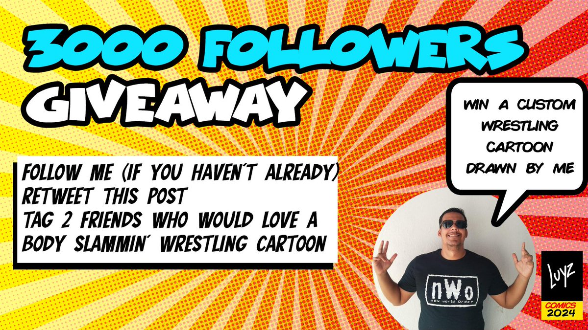 We're drawing  to 3,000! Win a CUSTOM WRESTLING CARTOON!

Follow, RT & tag 2 friends who'd love a drawing!

(Bonus) Share your dream wrestling match! Let's draw this milestone!  Winner announced May 22nd! 
#wrestlingart #giveaway #cartoon