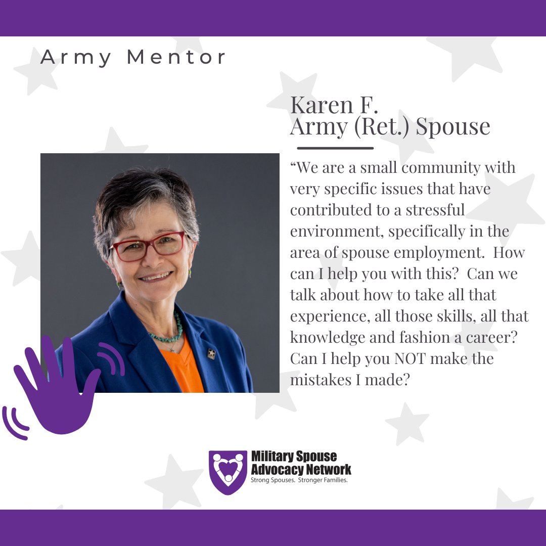 Let's welcome Karen F. as our new Army Mentor. 

Read more about Karen F. in our Volunteer Spotlight blog -> ow.ly/g9z050Rk3l4

#ArmySpouse #Military #MilitaryLife #Milso #MSANteam #MSAN