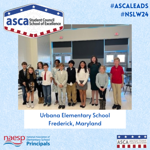 🏆 Congratulations to Urbana Elementary (@UrbanaEL_FCPS) for receiving the #ASCA Student Council School of Excellence Award! We're proud of your commitment to student success. Keep up the great work! #ASCALeads #NSLW24 For more details: naesp.org/spotlight/urba…