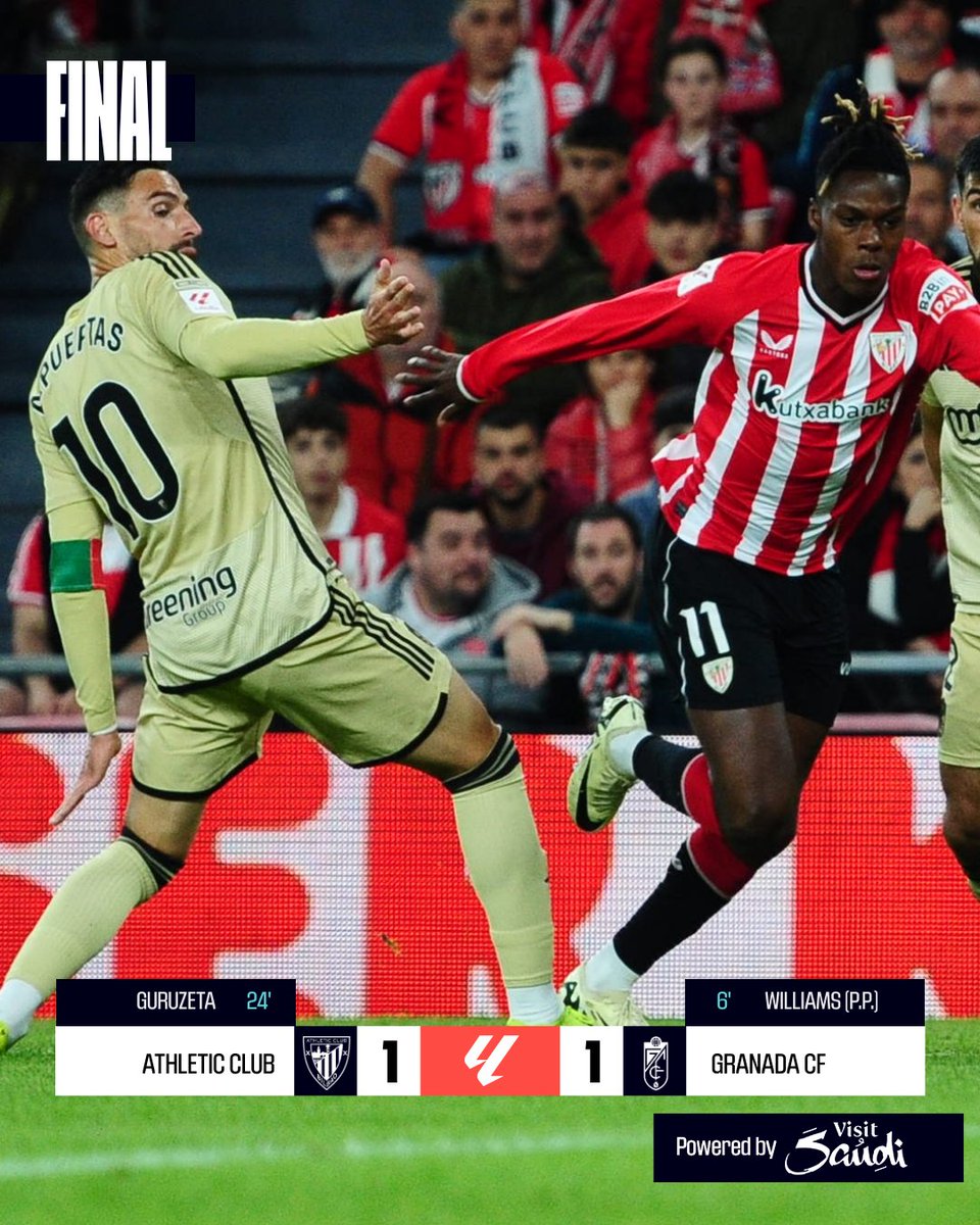 FINAL #AthleticGranada 1-1

🟰 ¡Empate en San Mamés!

#LALIGAEASPORTS | #ResultsByVisitSaudi