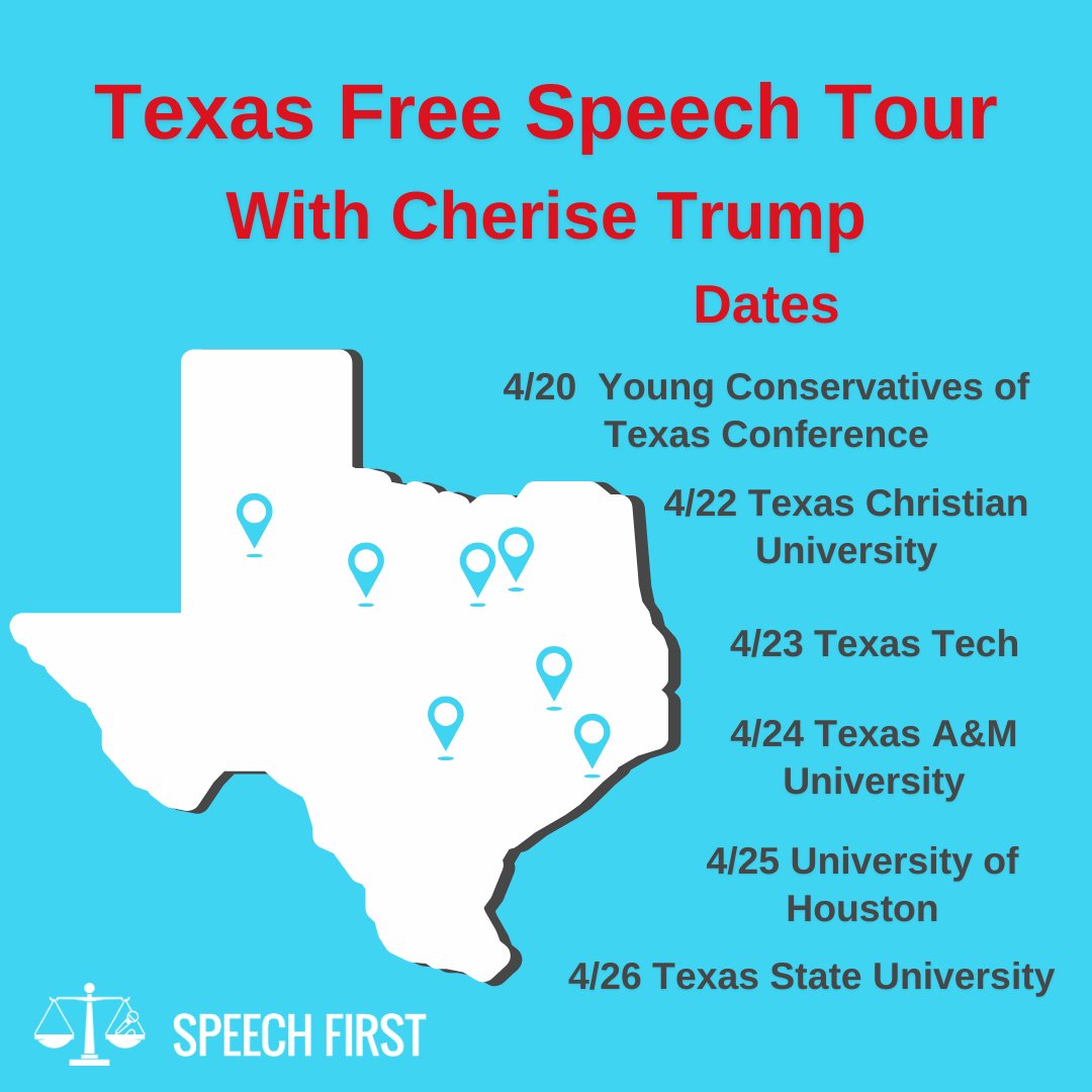 🚨 ANNOUNCING OUR 2024 SPEECH FIRST CAMPUS TOUR 🚨 Starting tomorrow at 10:30am with the @yct Young Conservatives of Texas Conference, @cherisetrump will be speaking to students across the Lone Star State on a week-long Free Speech Tour! Follow us for highlights!📸