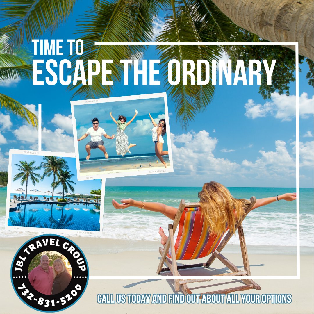 Isn't it time to #escapetheordinary ? Call the #jbltravelgroup and find out about all your options! #allincluisveresorts #escortedtours #cruises and more are just #onecallaway