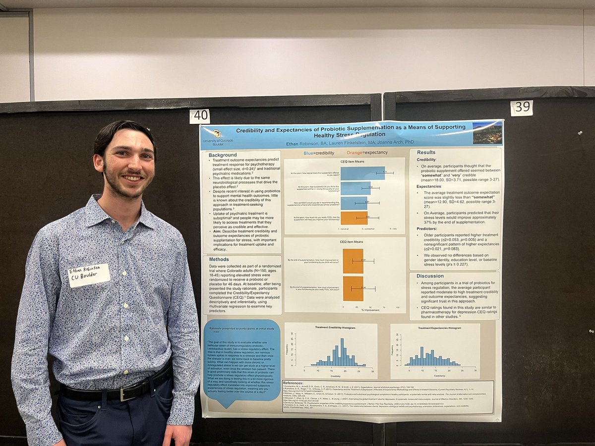 Awesome poster by Ethan Robinson out of <a href="/CUBoulder/">CU Boulder 🦬</a> looking at ‘Credibimity and Expectancies  Of Probiotic Supplementation As a Means of Supporting Healthy Stress Regulation.’