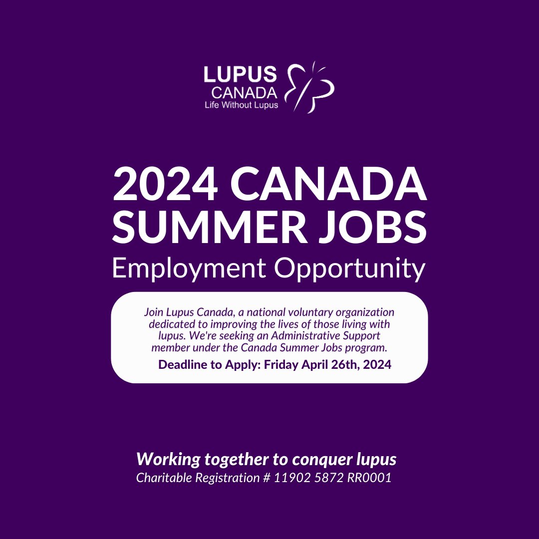 🌟 Join Lupus Canada as Administrative Support (Summer 2024)! Passionate about making a difference? Apply now to support those impacted by lupus! For more information or to apply, visit lupuscanada.org/about-us/caree… #Hiring #AdministrativeSupport #SummerJob