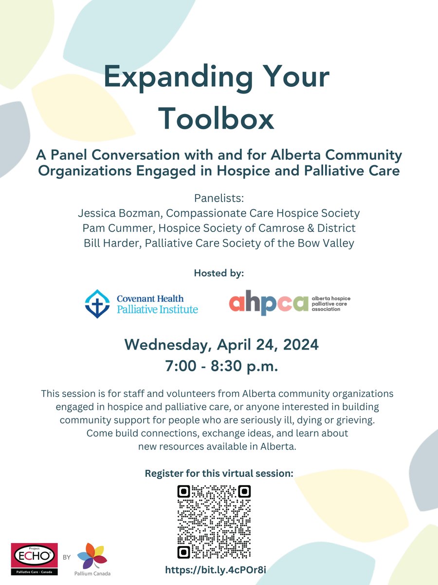 🌟 Join us for 'Expanding Your Toolbox,' a virtual panel discussion co-hosted by the Palliative Institute and AHPCA! Hear from Alberta hospice and palliative care society members about their community support efforts. Date: April 24, 7-8:30 p.m. Register: bit.ly/4cPOr8i