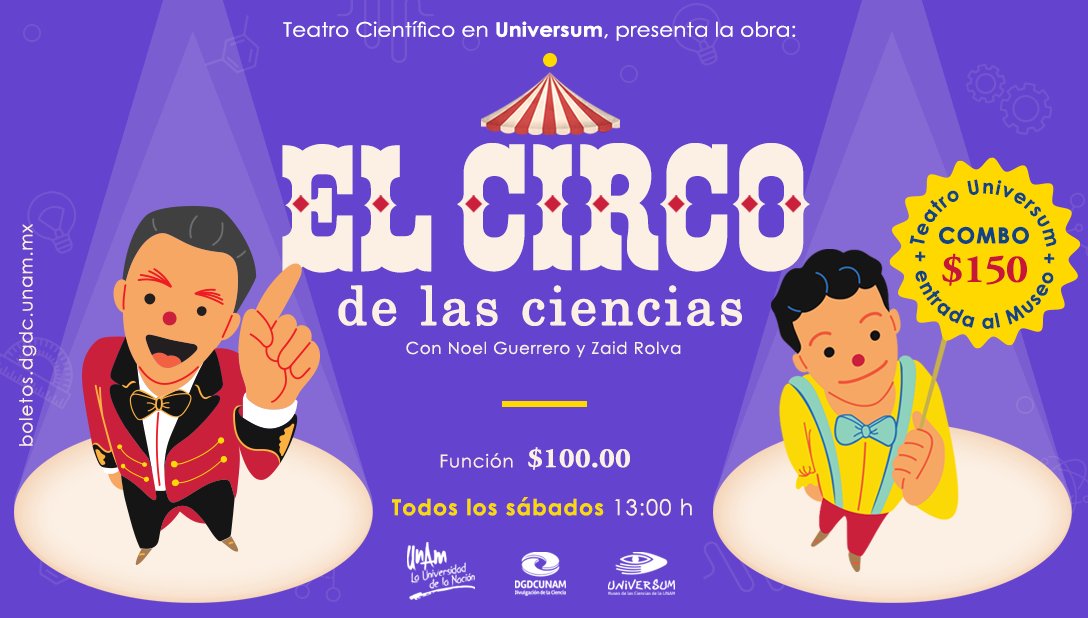 ¡Hoy es el Día Mundial del Circo! 🤩🎪🤹🏽‍♀️🤹🏻‍♂️

Y nada mejor que celebrarlo disfrutando del Circo de las Ciencias en #Universum 😎

🏃🏻🏃🏽‍♀️ Corre a comprar tus entradas 👉🏽 bit.ly/3GIyQbE

#TeatroCientífico