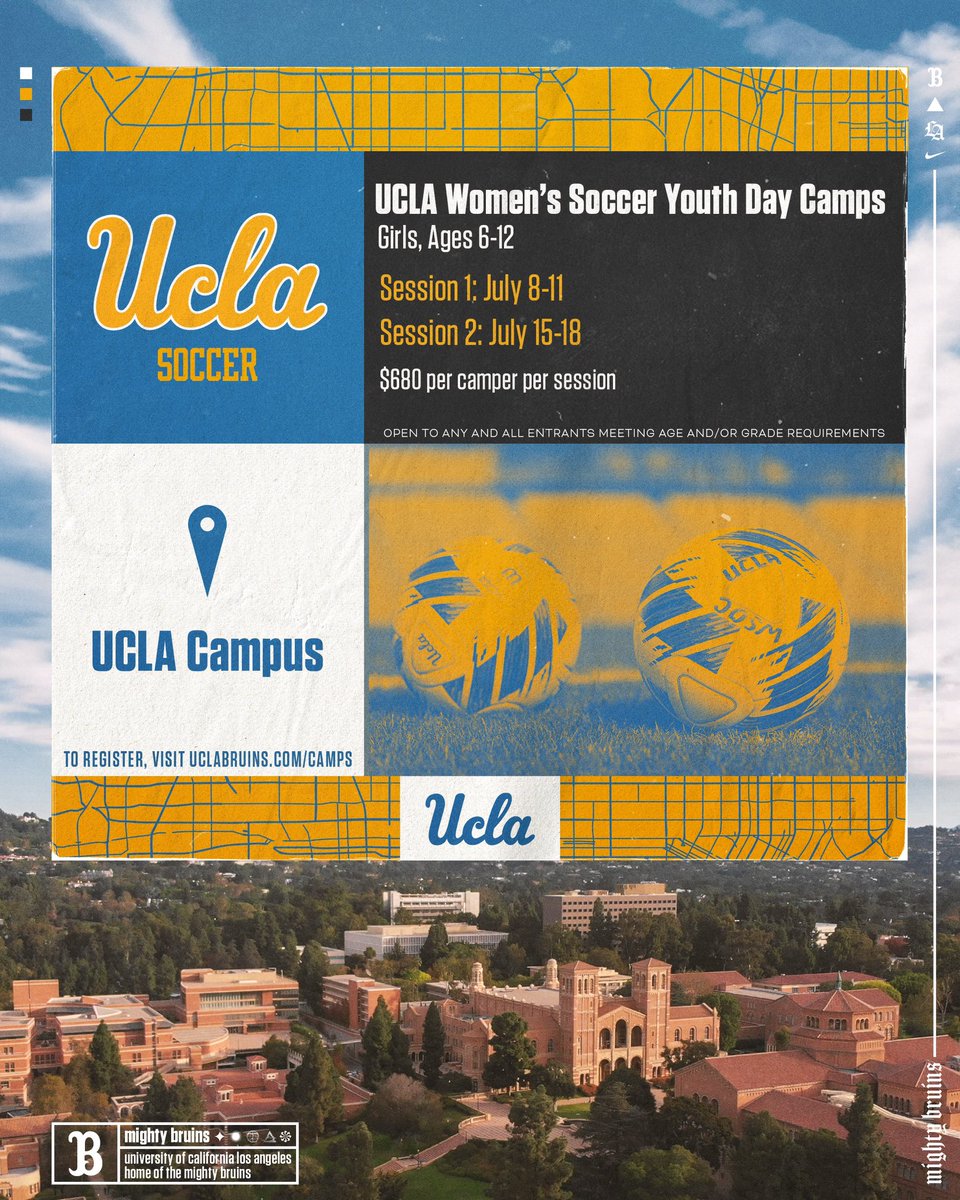 Registration is open for our Summer Youth Day Camps for girls ages 6-12. July 8-11 July 15-18 ➡️ ucla.in/4cAlgWz
