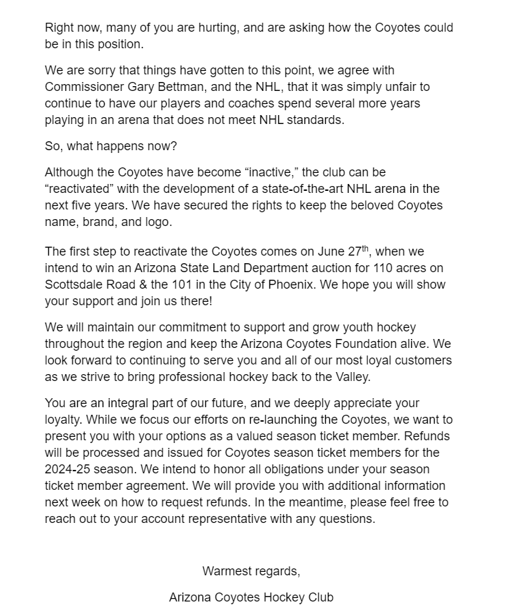 leahmerrall's tweet photo. Coyotes season ticket holders just received this email: https://t.co/VOxthANKPB