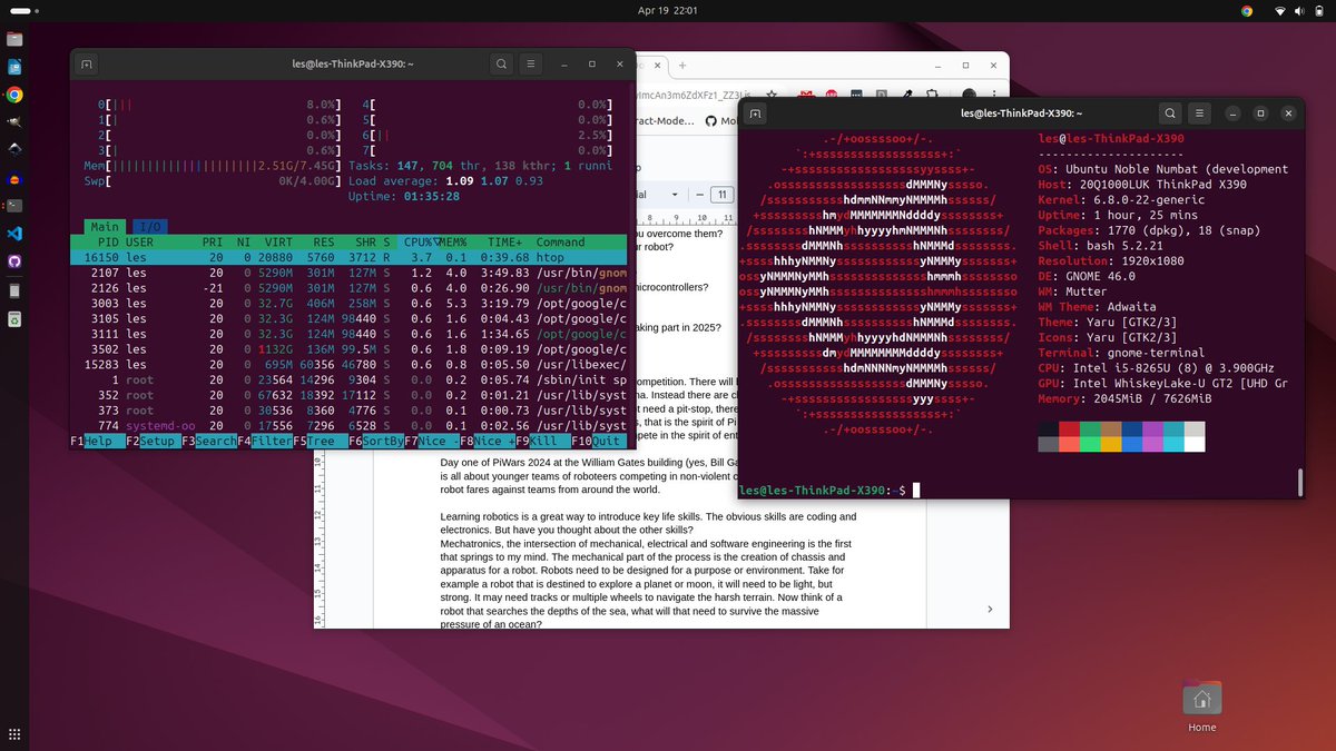 Installed Ubuntu 24.04 Beta on my Lenovo X390 and using it as my daily driver while I am at #piwars So far it has been good. A few bumps and errors here and there, but a good OS. I'll be writing this up for @tomshardware