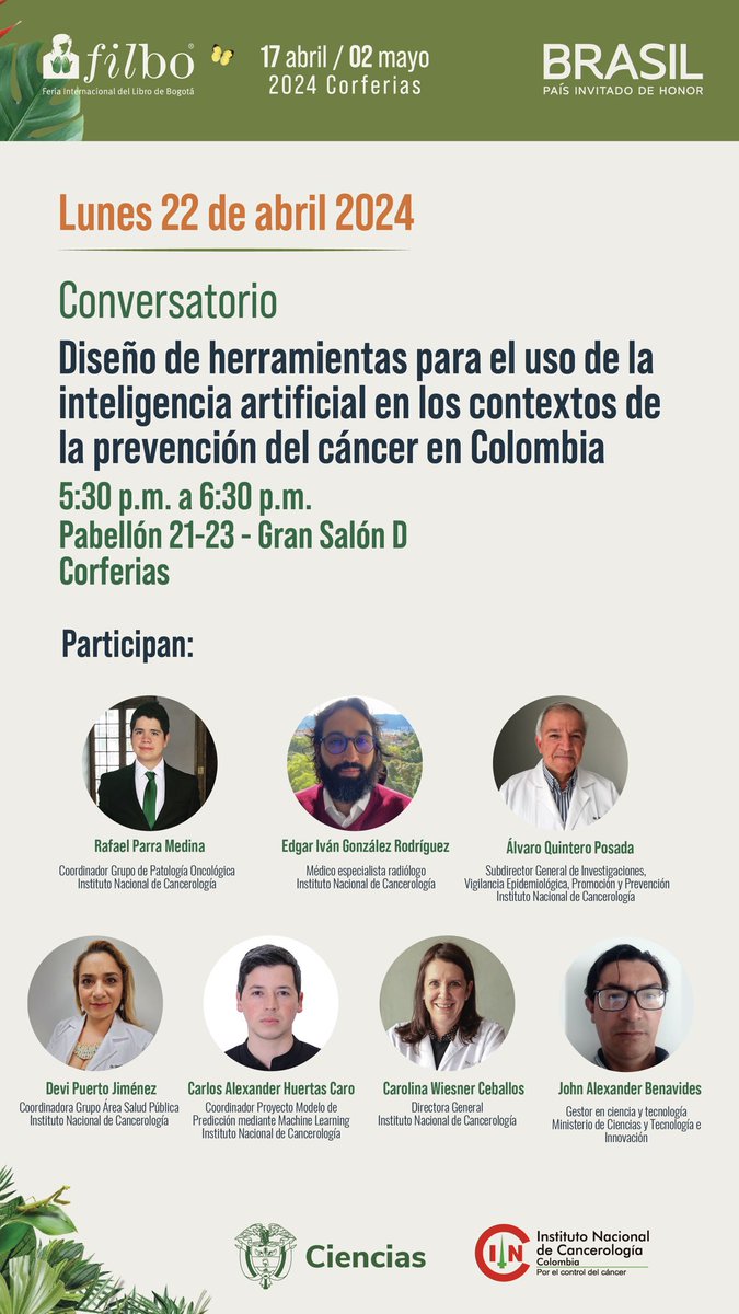 📚🔬 ¡El INC y MinCiencias estará en la FILBo Innovación! 🌟 te invitamos al conversatorio: Diseño de herramientas para el uso de la inteligencia artificial en los contextos de la prevención del cáncer en Colombia. lunes 22 de abril a las 5:30 pm 📍Pabellón 21-23 - Gran Salón D
