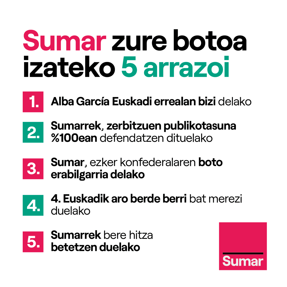 SumarMugimendua's tweet photo. 📢 Que no nos falten los motivos para votar este domingo.

➕ Juntos, sumamos una Euskadi más real.

El #21A, #VotaSumar. 

#EuskadiBerria #EsTuTiempo https://t.co/cK5NWYjsTB
